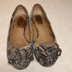 Corso Como snakeskin ballet flats with ruffle detail on the toe. Wear is shown.